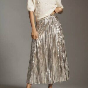 By Anthropologie Metallic Pleated Midi Skirt (XS)